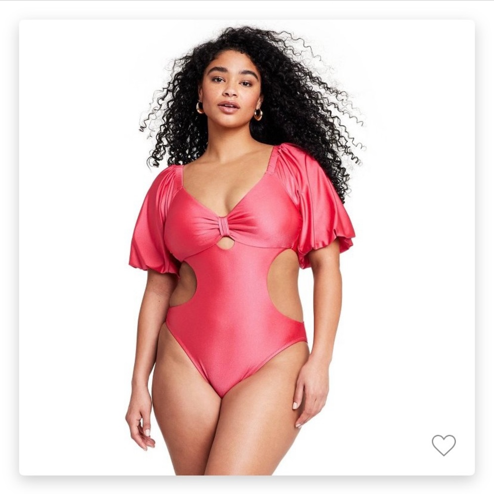 Fe Noel x Target Metallic Puff Sleeve Cut Out One Piece Bathing Suit in Fuschia